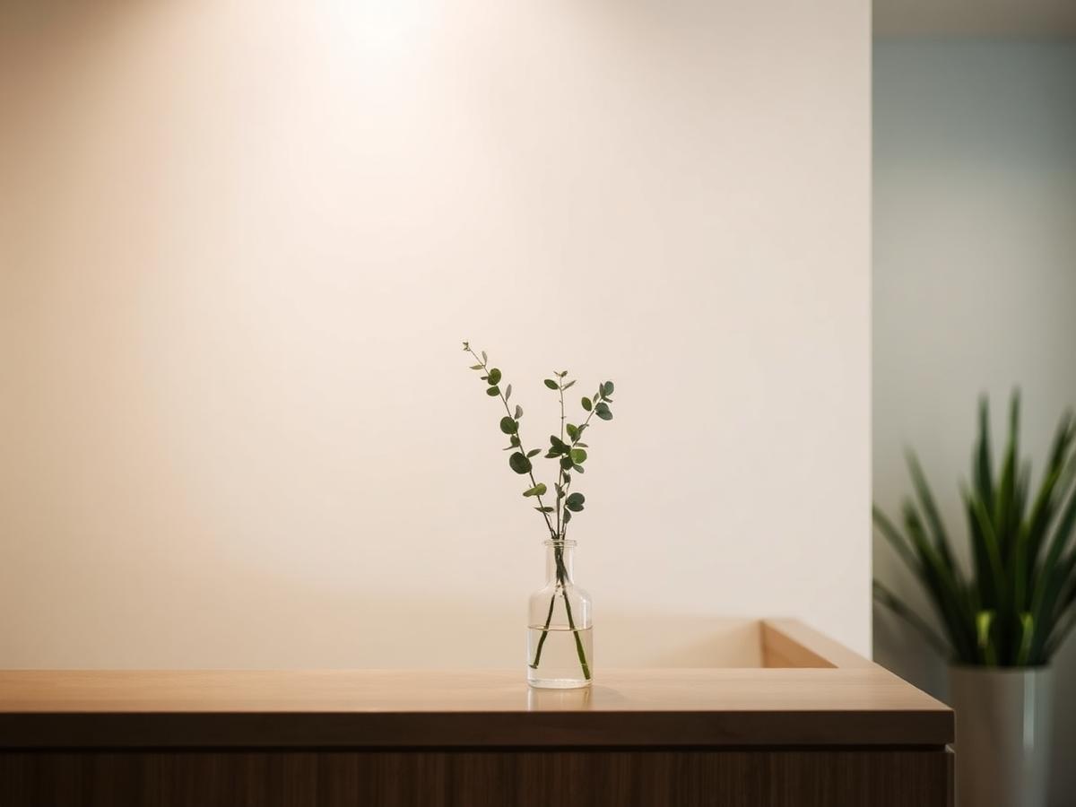 Quiet spa reception detail with a eucalyptus sprig in a glass vase