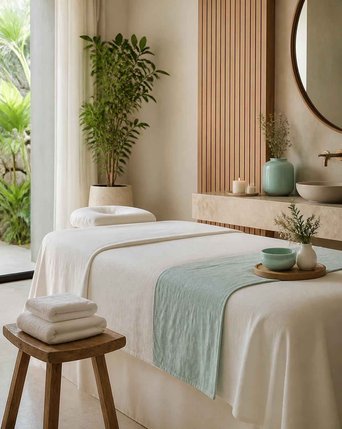 Calm treatment room at a wellness spa with ivory linens and soft natural light